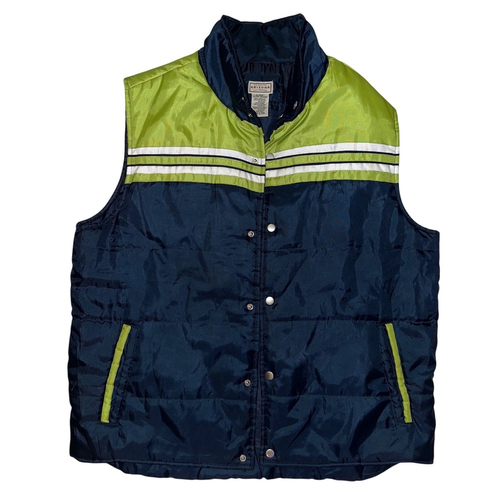 Arizona Jean Company Mens Puffer Vest Navy Blue Lime Green Colorblock XL Snap